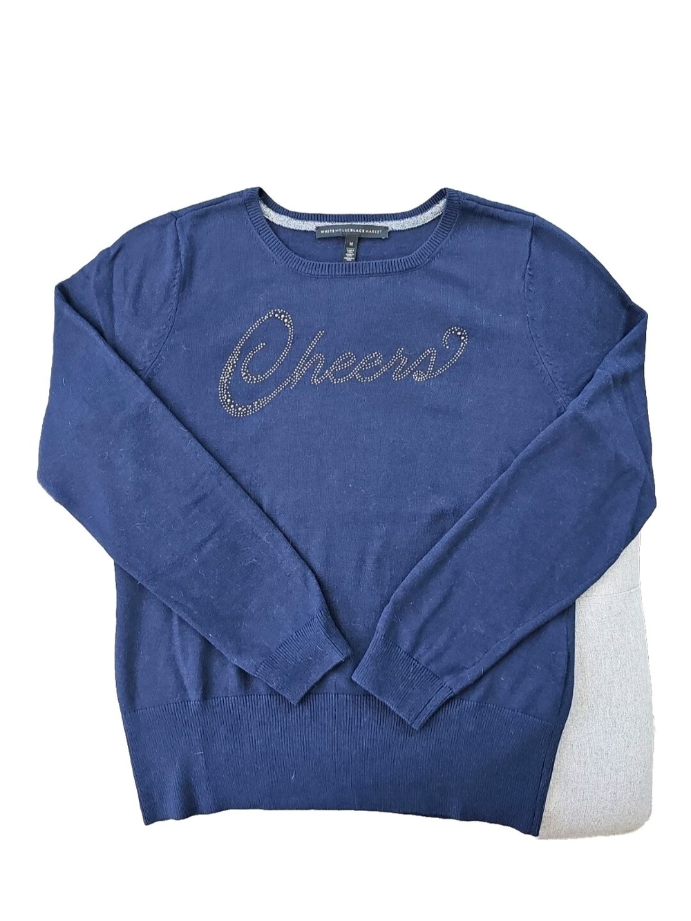 White House Black Market Navy Beaded 'Cheers' Crewneck Sweater. Size Medium